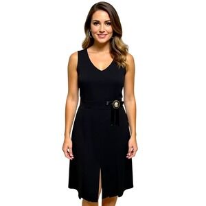Julia Taylor Black Sleeveless VNeck Sheath Dress w/ Cameo Brooch Detail 8P NWT